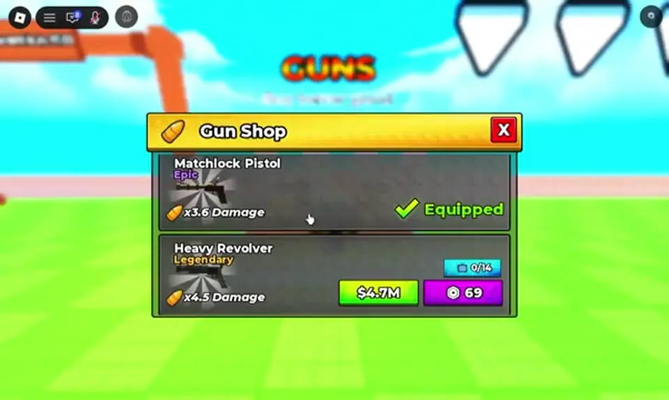 Guns UI with a live damage readout — community session, not an official DPS table